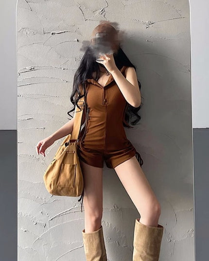 Hooded Drawstring Slim Sleeveless Backless Fitness One-piece Shorts