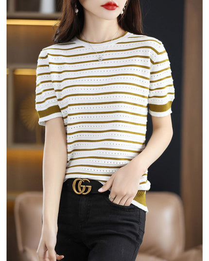 Loose Color Matching Striped Hollow Knitted Shirt