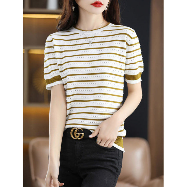 Loose Color Matching Striped Hollow Knitted Shirt