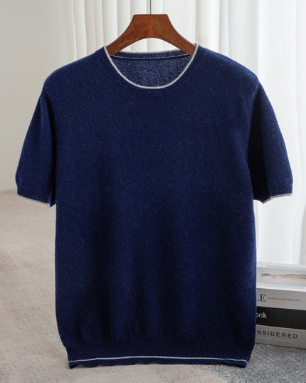 Pure Wool Half Sleeve Men's Color-block Crew Neck Knitted Short Sleeve