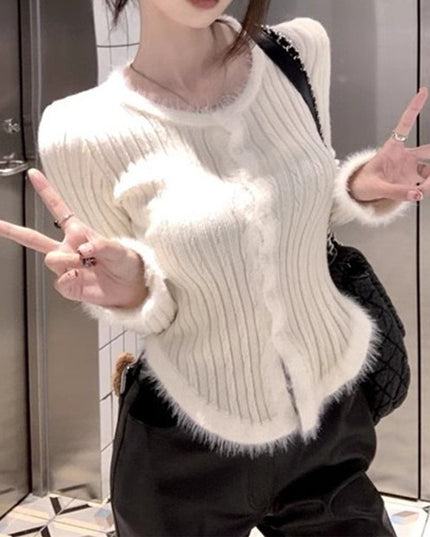 Women's Square Collar Stitching Edging Knitted Cardigan Autumn Winter Coat