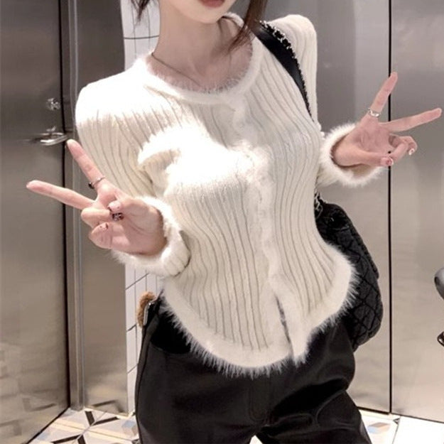 Women's Square Collar Stitching Edging Knitted Cardigan Autumn Winter Coat