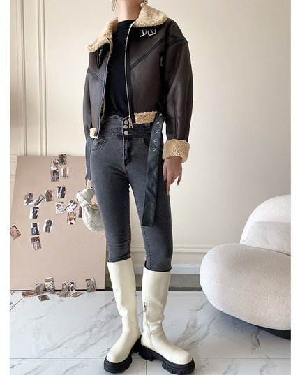 Short PU Lamb Fur Coat Women's Versatile Thickened