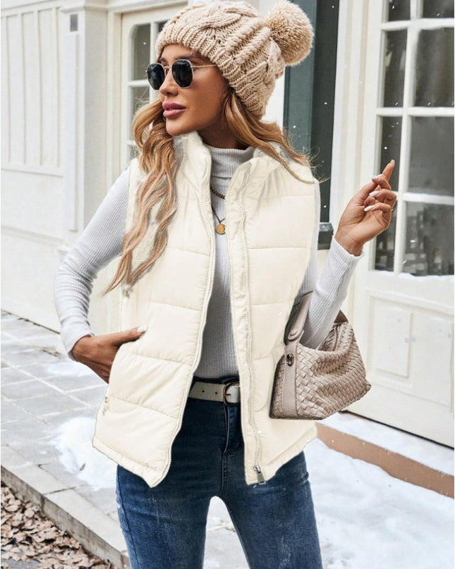 Women's Casual Zipper Closure Stand Collar Padded Padded Puffer Vest