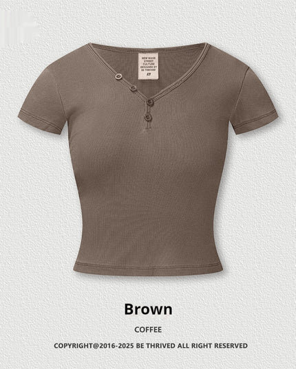American Retro Design Hot Girl Slim Top Button V-neck Shoulder Short Sleeve