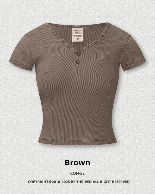 American Retro Design Hot Girl Slim Top Button V-neck Shoulder Short Sleeve