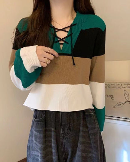V-collar Contrast Color Short Long-sleeved Sweater Women's Striped Binding Rope Slimming Slim Fit Petite Top