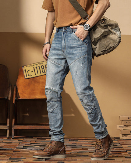 Motorcycle Jeans Korean Style Slim-fitting Ankle-tied High-end Men's Casual All-matching Stretch Pants