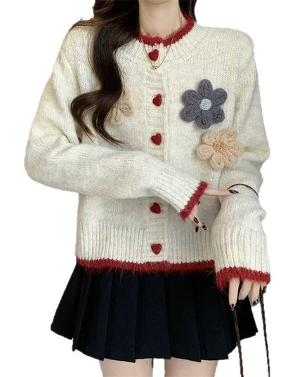 French Style Temperament Flower Round Neck Sweater Short Knitted Cardigan