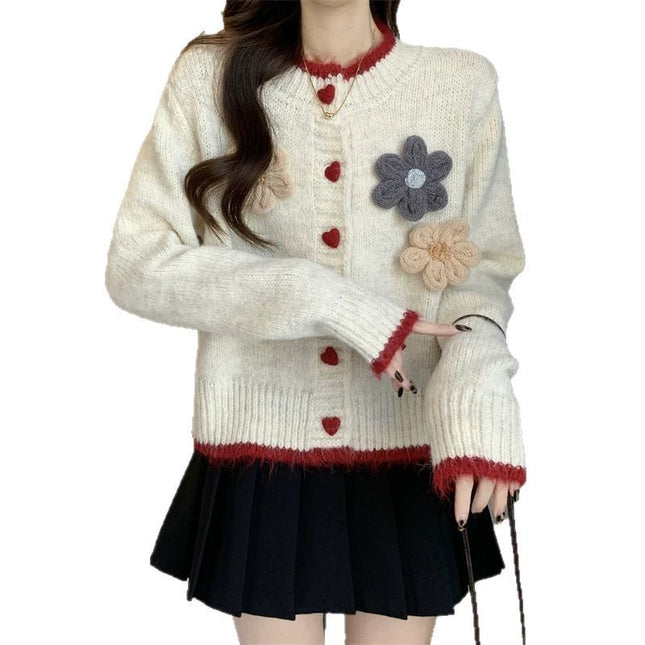 French Style Temperament Flower Round Neck Sweater Short Knitted Cardigan
