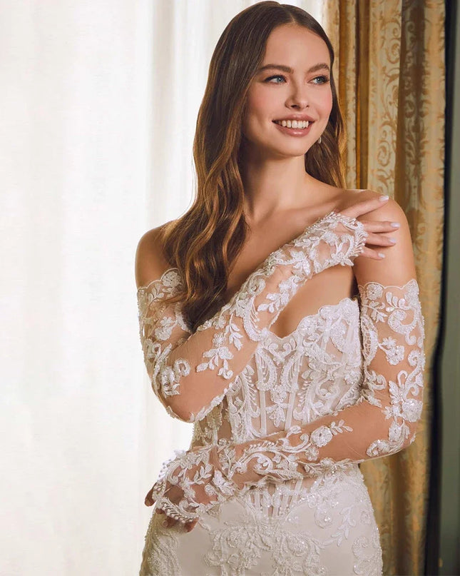 Off-shoulder Lace Long Sleeve Fishtail Gown