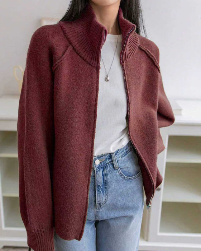 Solid Color Stand Collar Zipper Knitted Cardigan Top
