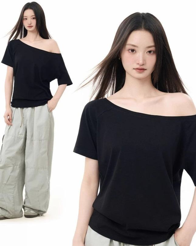 High-end Loose Oblique Shoulder Tops Short Sleeve Women