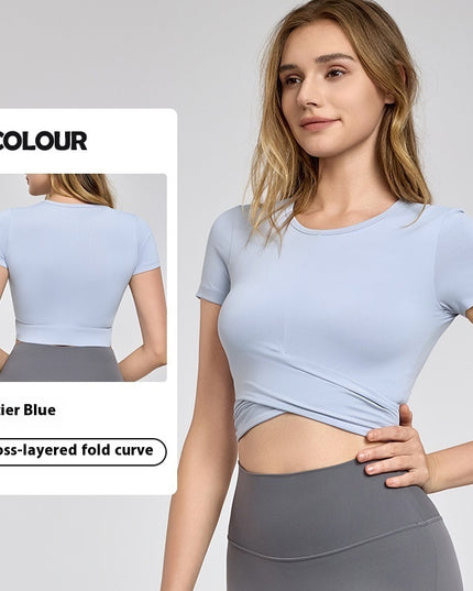 Cross Pleated Yoga Clothing Top Workout Clothes Short Sleeve