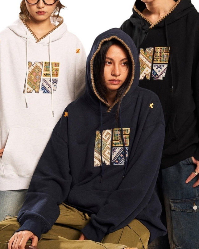 Retro Ethnic Style Woven Patch Versatile Loose Hooded Sweater