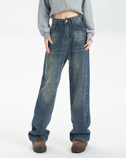 American Style Nostalgic Blue Wide Leg Jeans For Women