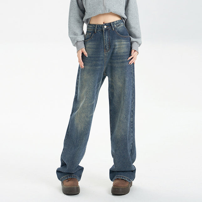 American Style Nostalgic Blue Wide Leg Jeans For Women