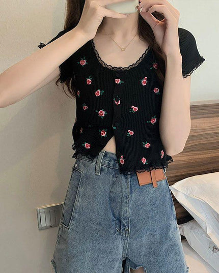 Age-reducing Floral Knitted Bottoming Shirt Short Sleeve