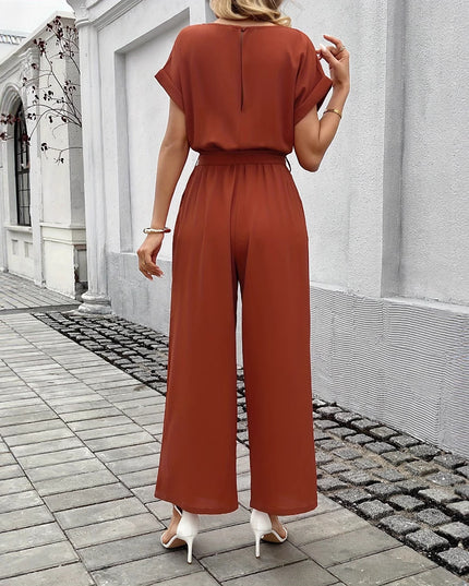 Women's Fashion Solid Color With Belt Round Neck Jumpsuit