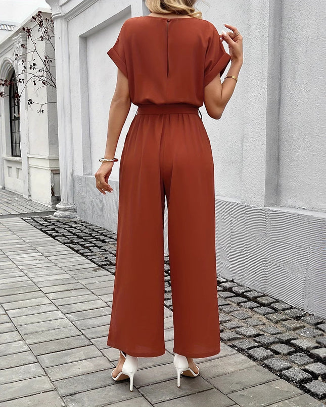 Women's Fashion Solid Color With Belt Round Neck Jumpsuit