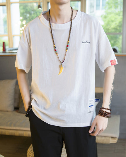 Chinese Men's Letter Embroidery Loose Half Sleeve Cotton Linen Short Sleeve