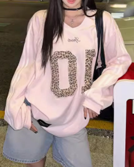 Leopard Print Letter Long-sleeved Sweater Sports Retro Style Loose Hot Girl Top