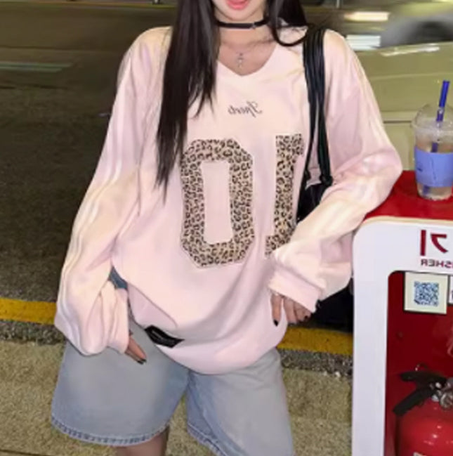 Leopard Print Letter Long-sleeved Sweater Sports Retro Style Loose Hot Girl Top
