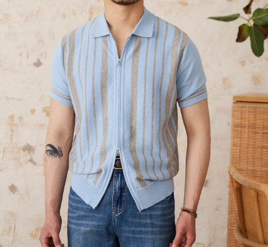 Vintage Stripe Cotton Knitted Short-sleeved Cardigan