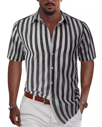 Summer European And American Men's Beach Casual Sports Yarn-dyed Striped Short-sleeved Lapel Shirt