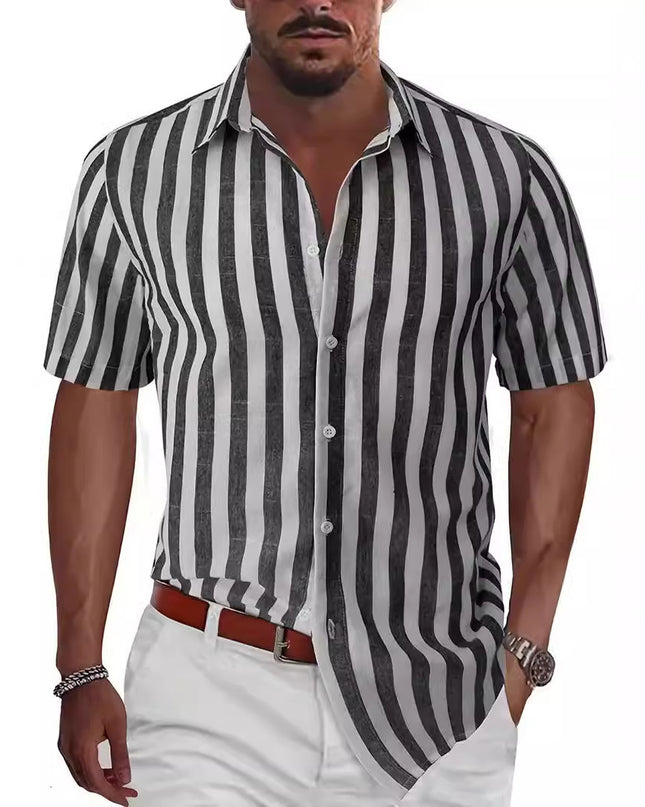 Summer European And American Men's Beach Casual Sports Yarn-dyed Striped Short-sleeved Lapel Shirt