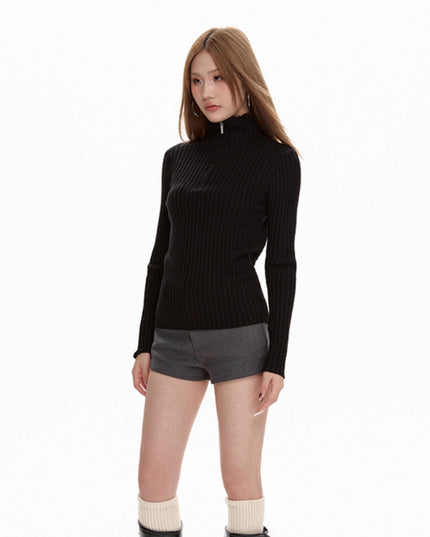 Black Long Sleeve Turtleneck Sweater Zipper Thickening Bottoming Shirt