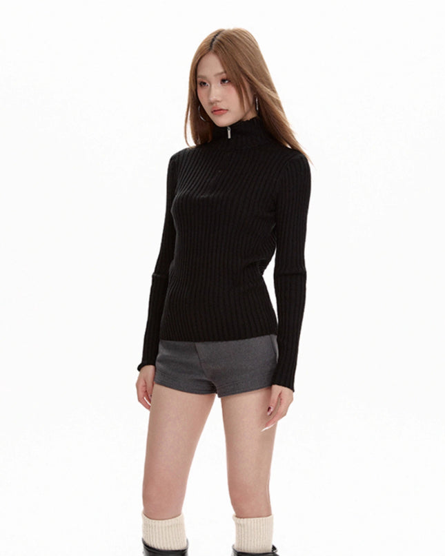 Black Long Sleeve Turtleneck Sweater Zipper Thickening Bottoming Shirt