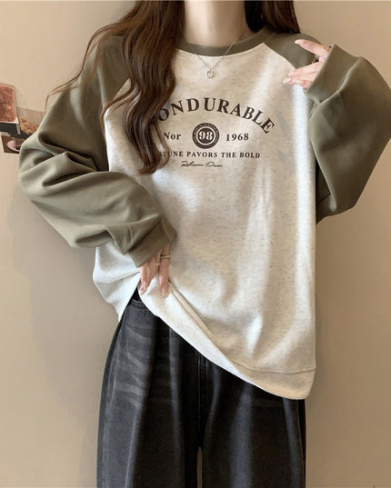Contrast Color Raglan Long Sleeve Hooded Printed Women