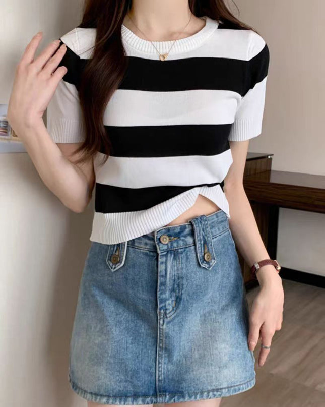 Summer New Striped Short Sleeve Women Slim Fit Slimming Top