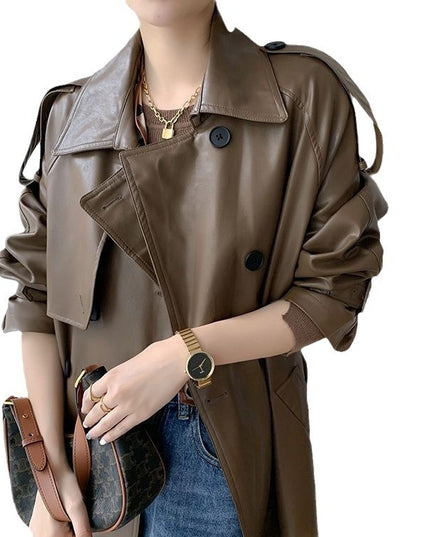 Retro Women's Mid-length Waist Slimming Pu Coat