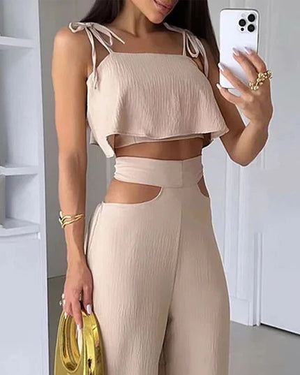 Cross-border Solid Color Sling Top Casual Hollow-out Trousers Suit