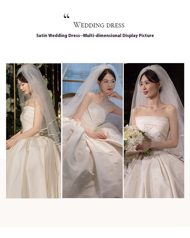 Women's Satin Tube Top Simple Elegant French Style Large Tail Elegant Wedding Dress