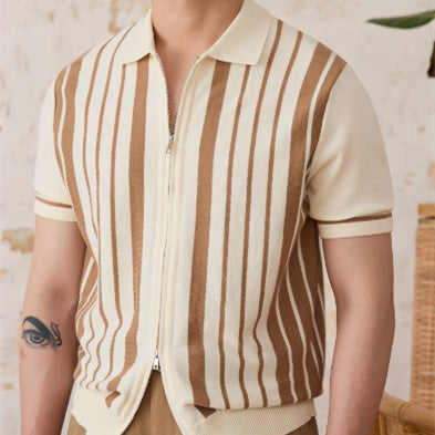 Vintage Stripe Cotton Knitted Short-sleeved Cardigan
