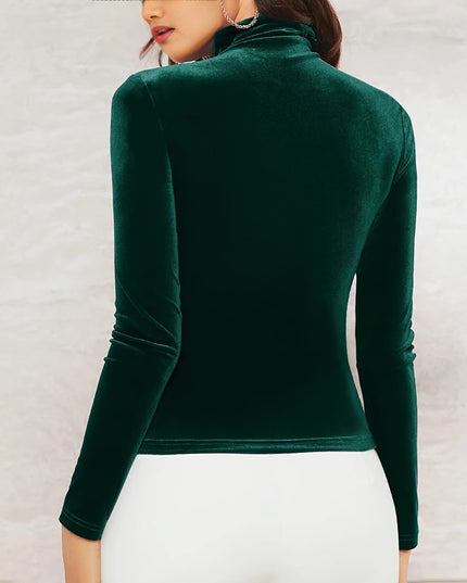 Women's Velvet Turtleneck Top Solid Color Long Sleeve Elegant Slim T-shirt