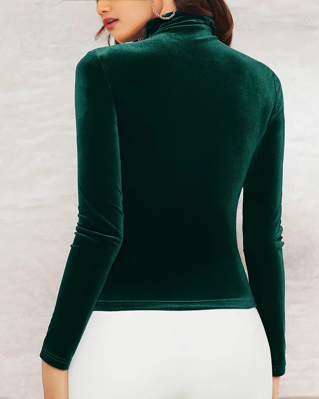 Women's Velvet Turtleneck Top Solid Color Long Sleeve Elegant Slim T-shirt