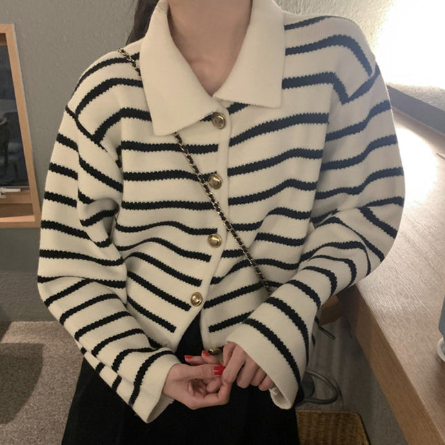 South Korea Chic Winter Retro Anti-aging Lapel Contrast Color Striped Jacquard Metal Button Long Sleeve Knitted Sweater Coat