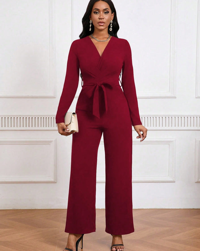 Simple And Stylish, Elegant Commuting Jumpsuit, Long Sleeve Straight Jumpsuit, V-neck, Cross Pleated, Tie-up Casual Jumpsuit, For Everyday Wear.