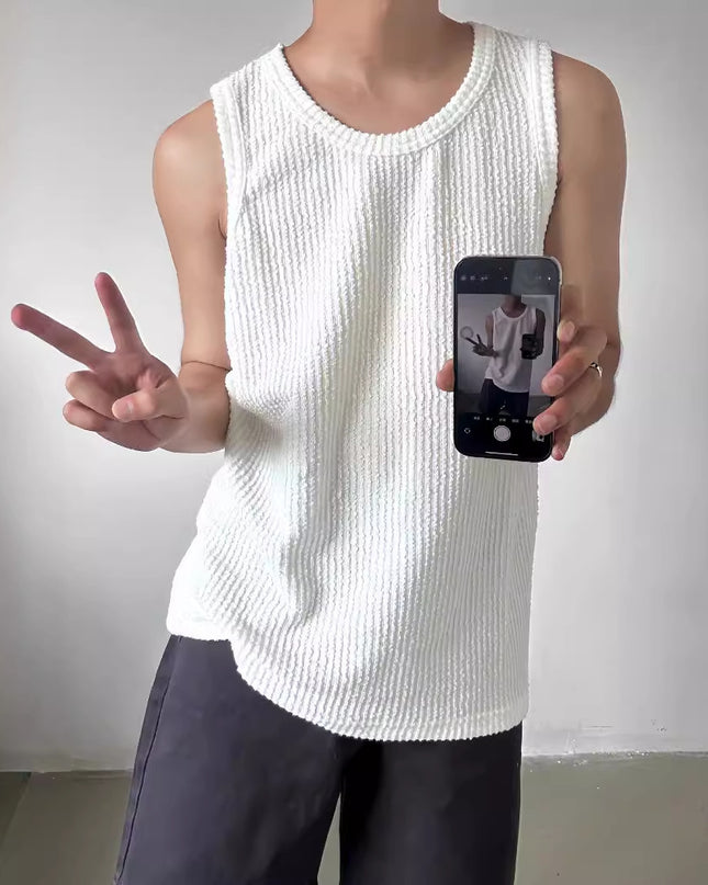 Casual Loose Sunken Stripe Sleeveless T-shirt Solid Color Top