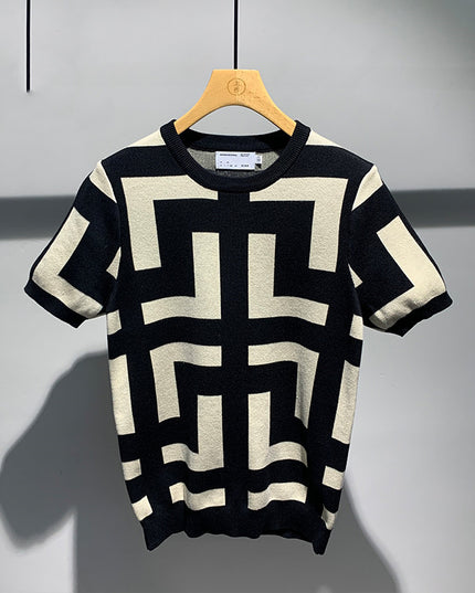 Men's New Fashion Versatile Geometric Jacquard Sweater Half Sleeve Round Neck
