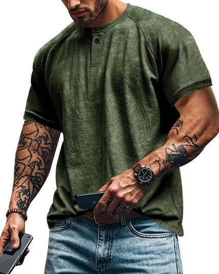 Retro Distressed Henry Collar Short Sleeve Men's T-shirt Heavy Slim Fit Raglan American Style Men's Short Sleeve