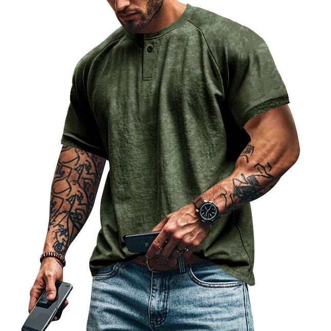 Retro Distressed Henry Collar Short Sleeve Men's T-shirt Heavy Slim Fit Raglan American Style Men's Short Sleeve