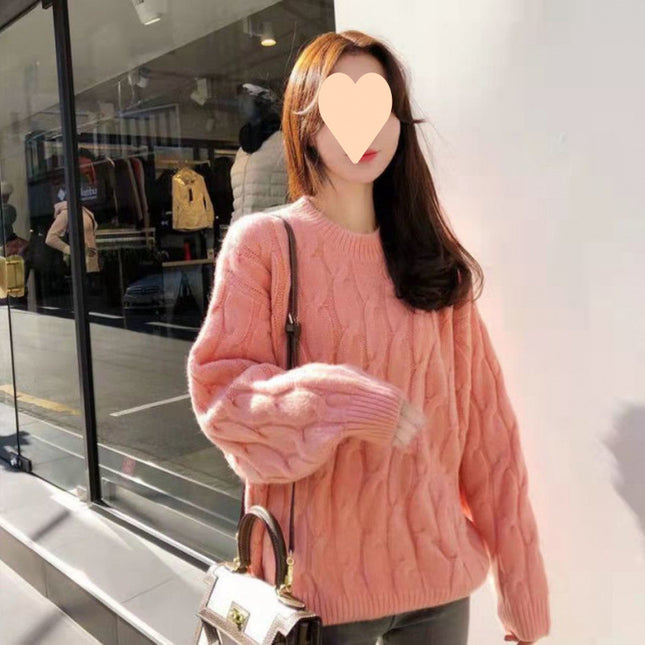 Autumn And Winter Female Students Fleece-lined Thickened Cable-knit Sweater