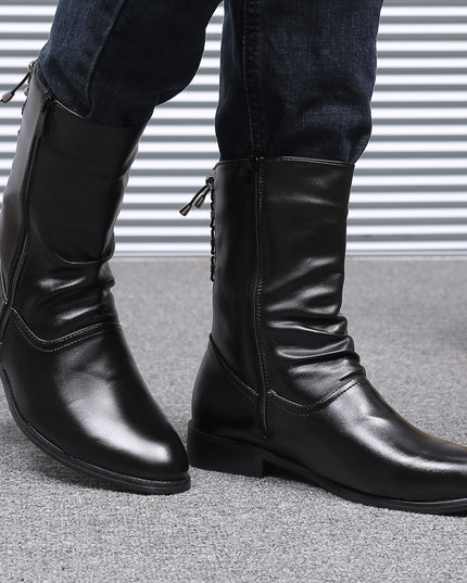 Pointed Leather Boots Men's British Korean High-top Leather Shoes Mid-calf Length