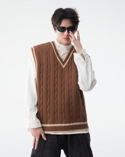 British College Style V-neck Knitted Vest