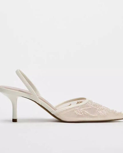 Spring New Product  Women's Rear Strap Embroidered Mesh High Heels
